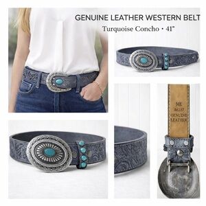 Genuine Leather Western Concho Belt Charcoal Gray Turquoise Style Buckle Boho